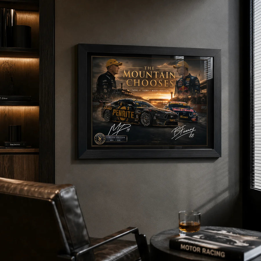 Payne vs Feeney motorsport wall art in a dark man cave with shelving and motor racing decor.