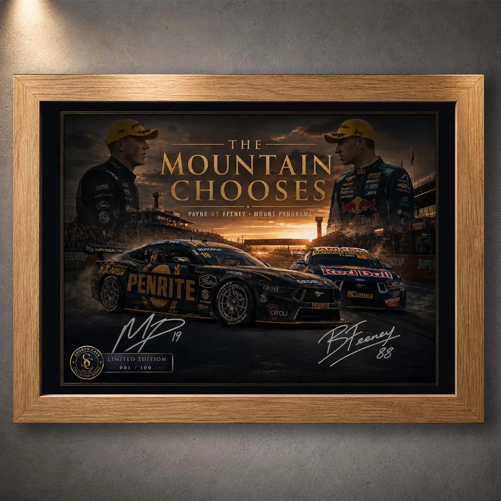 Oak framed Payne vs Feeney Bathurst wall art featuring the Mount Panorama rivalry artwork.