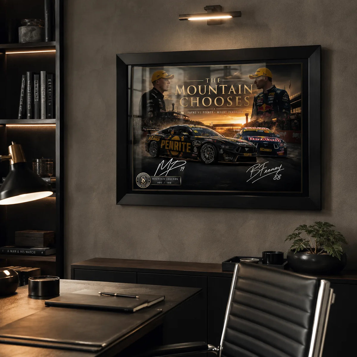 Payne vs Feeney Bathurst wall art mounted in a premium home office with warm display lighting.