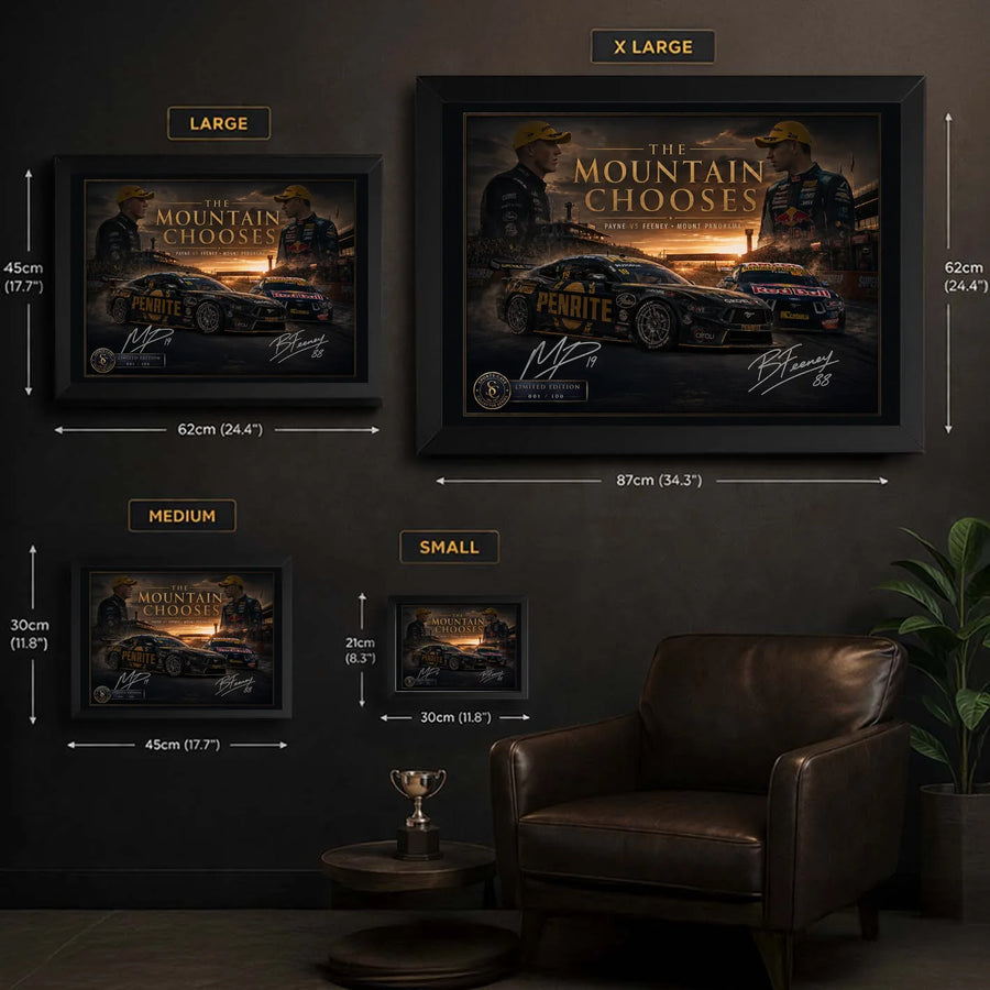 Payne vs Feeney wall art size guide showing framed dimensions from small to extra large.