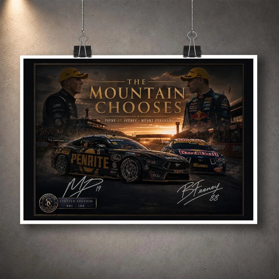Unframed Payne vs Feeney Bathurst wall art print displayed with clips against a concrete wall.