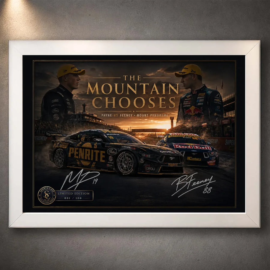 White framed Payne vs Feeney motorsport wall art showing the two Supercars and drivers.