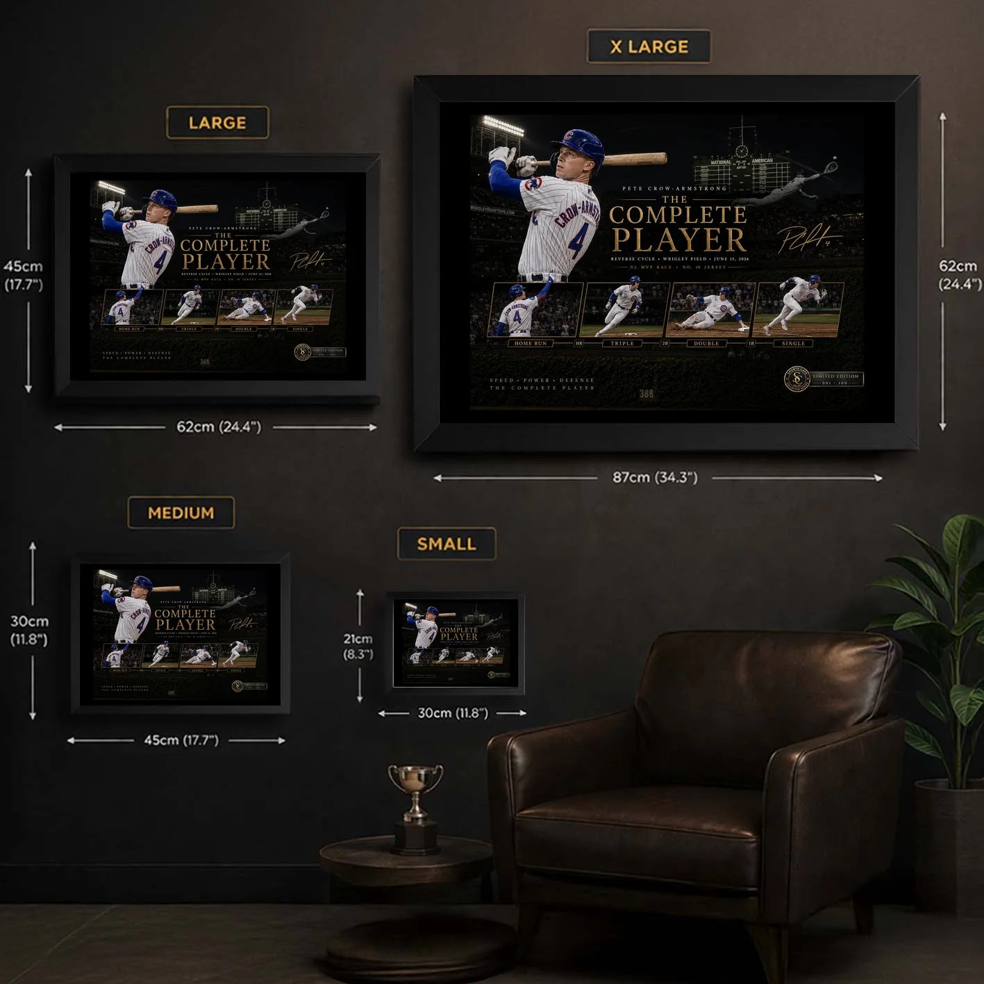 Pete Crow-Armstrong wall art size guide showing Small, Medium, Large and X Large framed dimensions.
