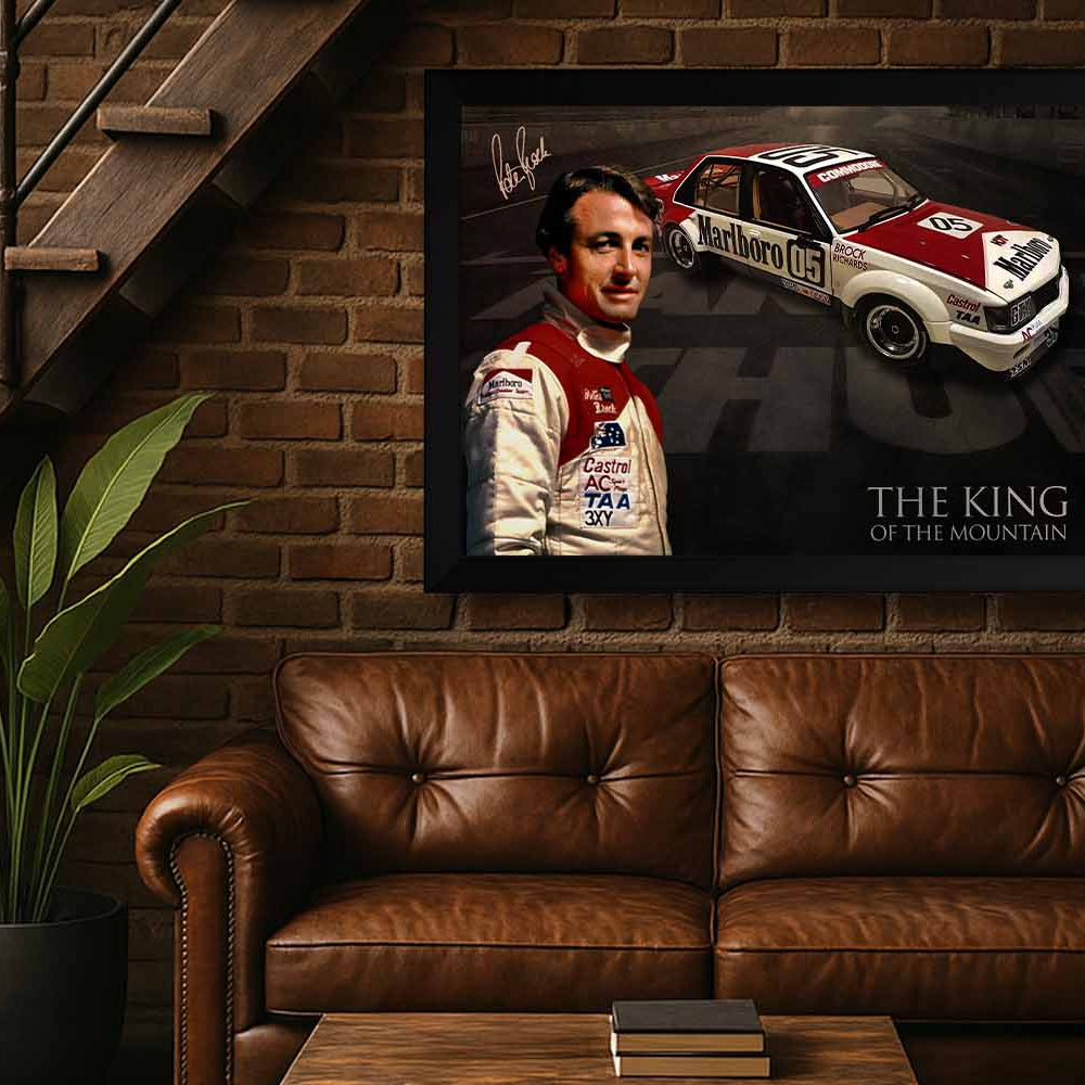 Framed Peter Brock sports wall art featuring his iconic Marlboro Holden and racing suit, perfect for man cave wall décor and Australian motorsport fans seeking premium framed sports memorabilia.