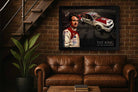 Framed Peter Brock sports wall art featuring his iconic Marlboro Holden and racing suit, perfect for man cave wall décor and Australian motorsport fans seeking premium framed sports memorabilia.