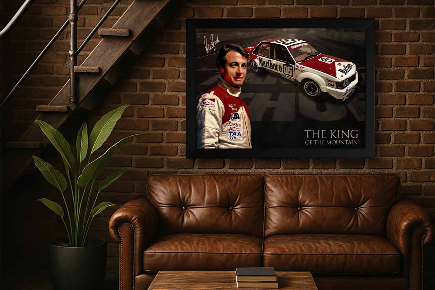 Framed Peter Brock sports wall art featuring his iconic Marlboro Holden and racing suit, perfect for man cave wall décor and Australian motorsport fans seeking premium framed sports memorabilia.