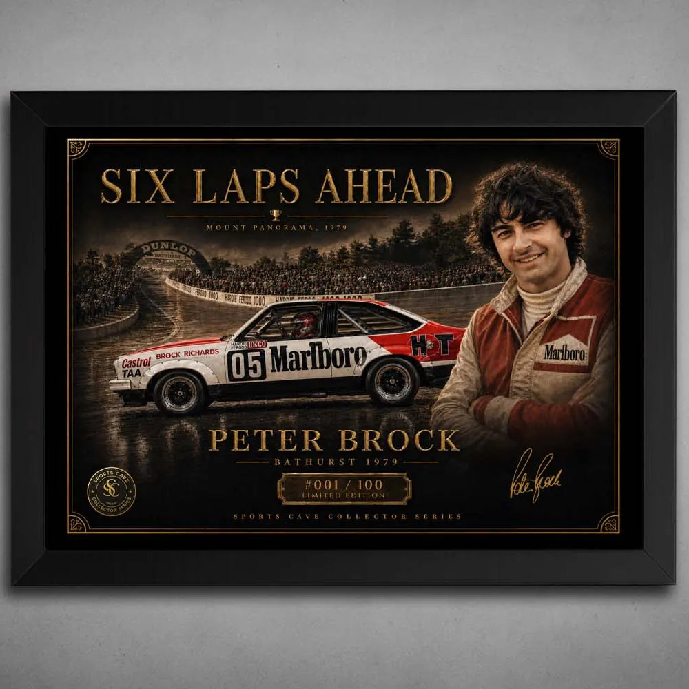 Peter Brock Bathurst 1979 artwork in a black frame, premium sports collectibles for loyal Australian motorsports fans.