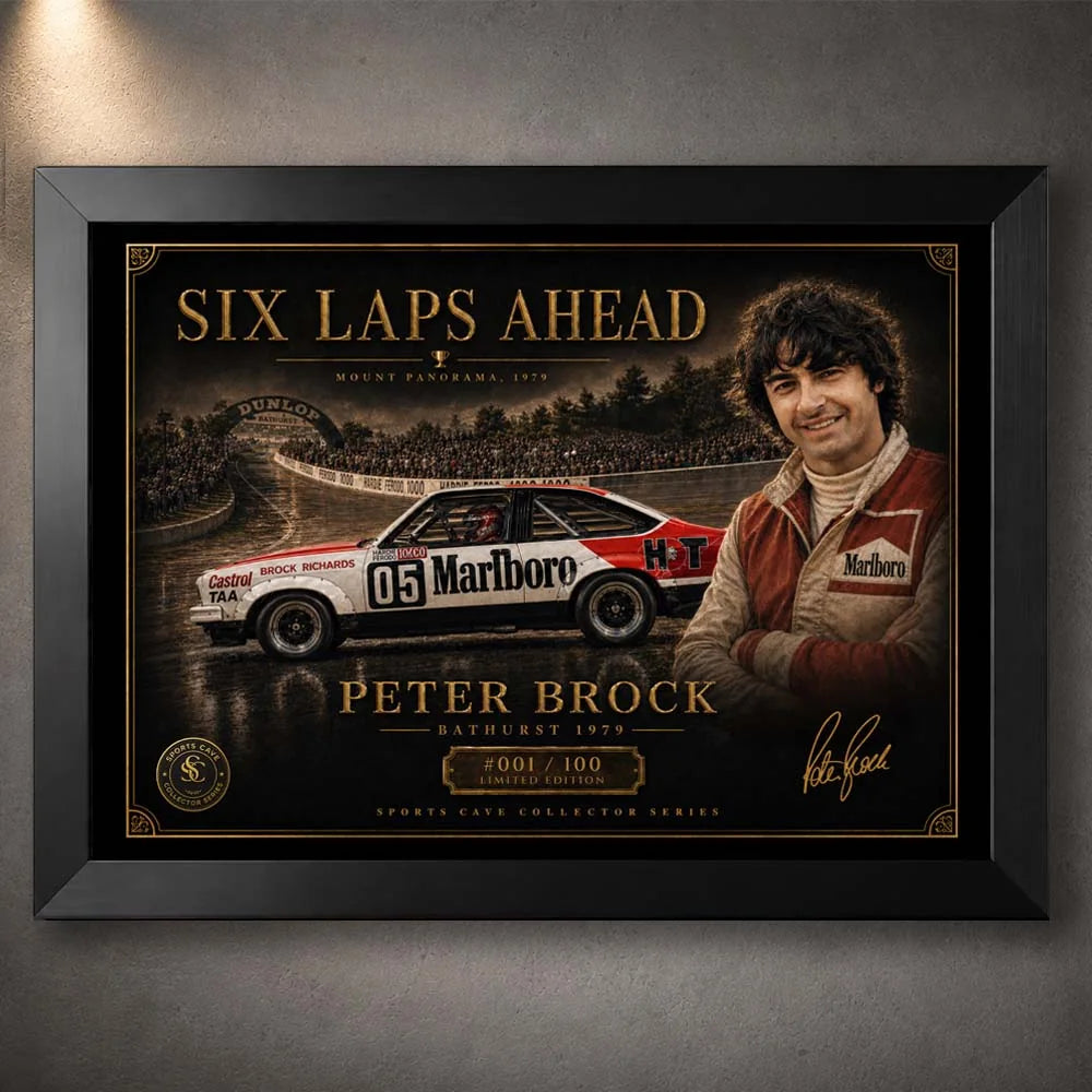 Peter Brock Bathurst 1979 artwork in a black frame, premium sports collectibles for loyal Australian motorsports fans.
