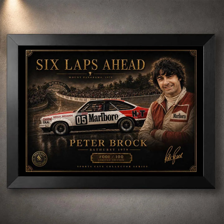 Peter Brock Bathurst 1979 artwork in a black frame, premium sports collectibles for loyal Australian motorsports fans.