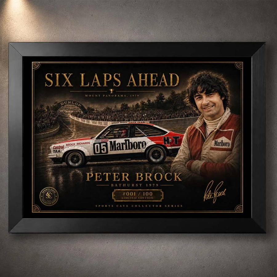 Peter Brock Bathurst 1979 artwork in a black frame, premium sports collectibles for loyal Australian motorsports fans.