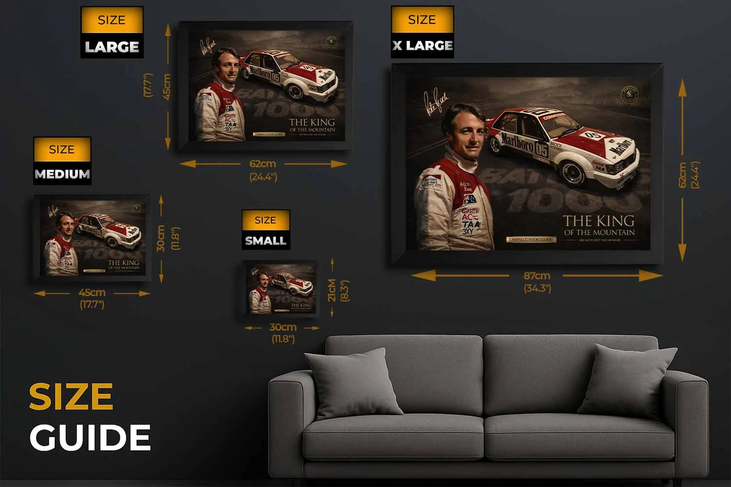 Size guide showing Peter Brock Bathurst 1000 framed sports art dimensions for small, medium, large and XL wall display.