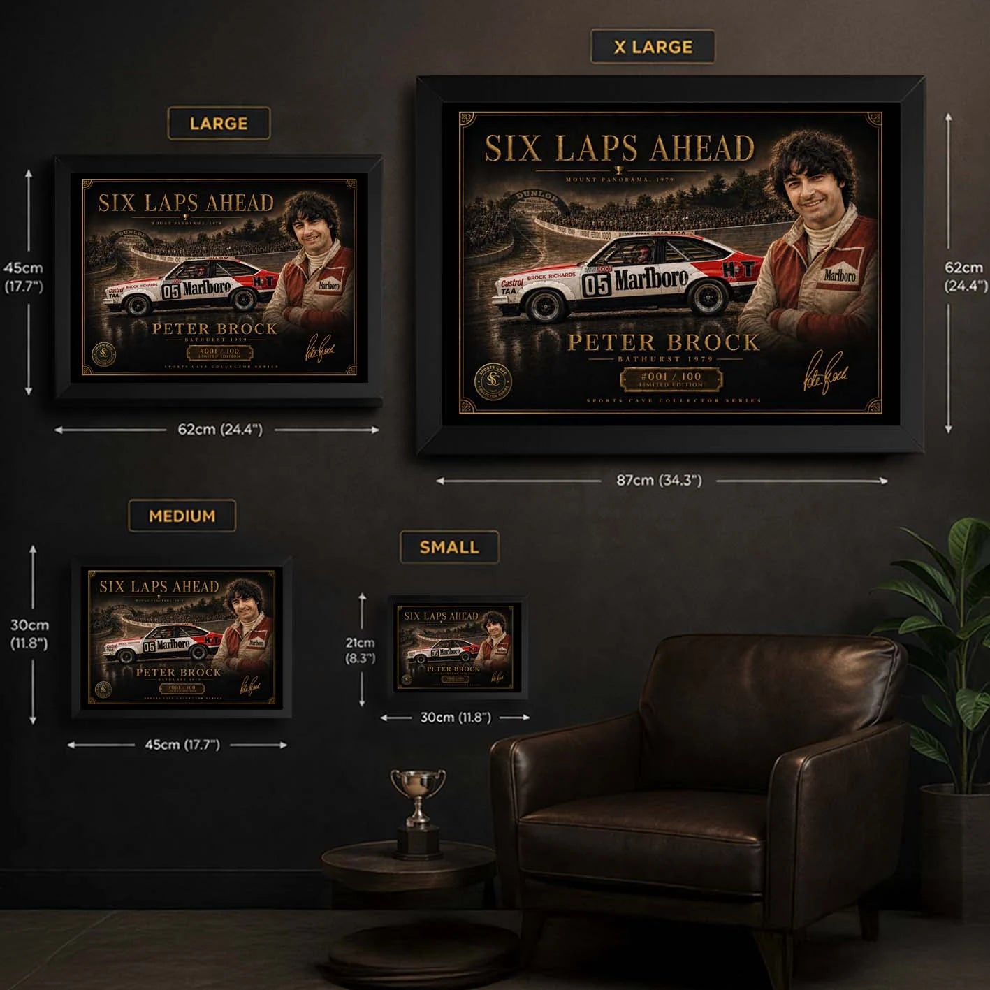 Peter Brock motorsport wall art size guide displaying small, medium, large, and extra large framed racing poster dimensions for man cave decor.