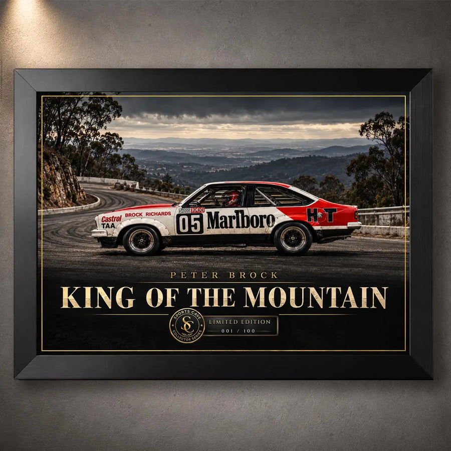 Peter Brock King of the Mountain wall art in a black frame, featuring the red and white number 05 racing car.