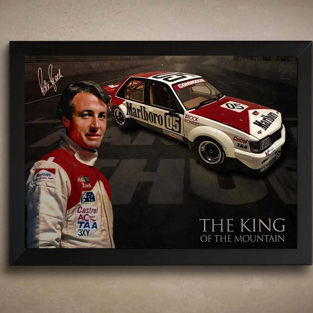 Peter Brock King of the Mountain VK Commodore black framed wall art product shot.