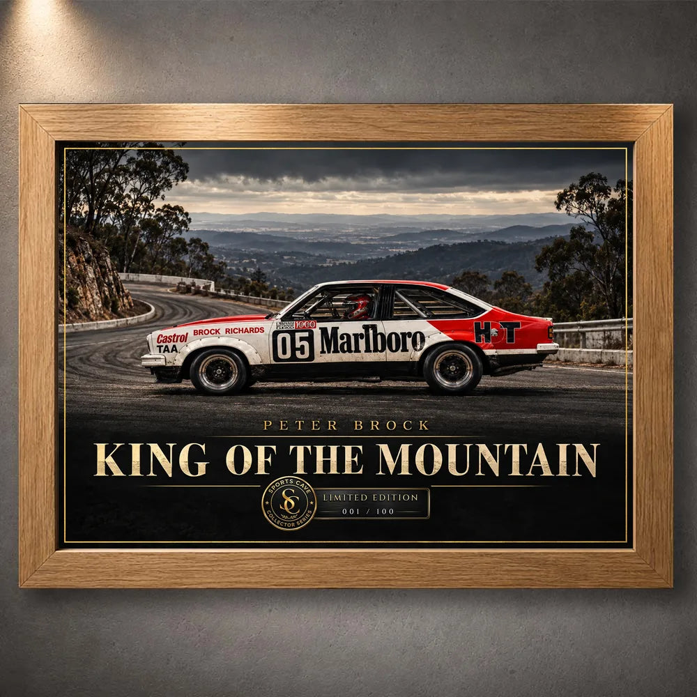 Peter Brock King of the Mountain wall art with an oak-coloured frame surrounding the number 05 racing car design.
