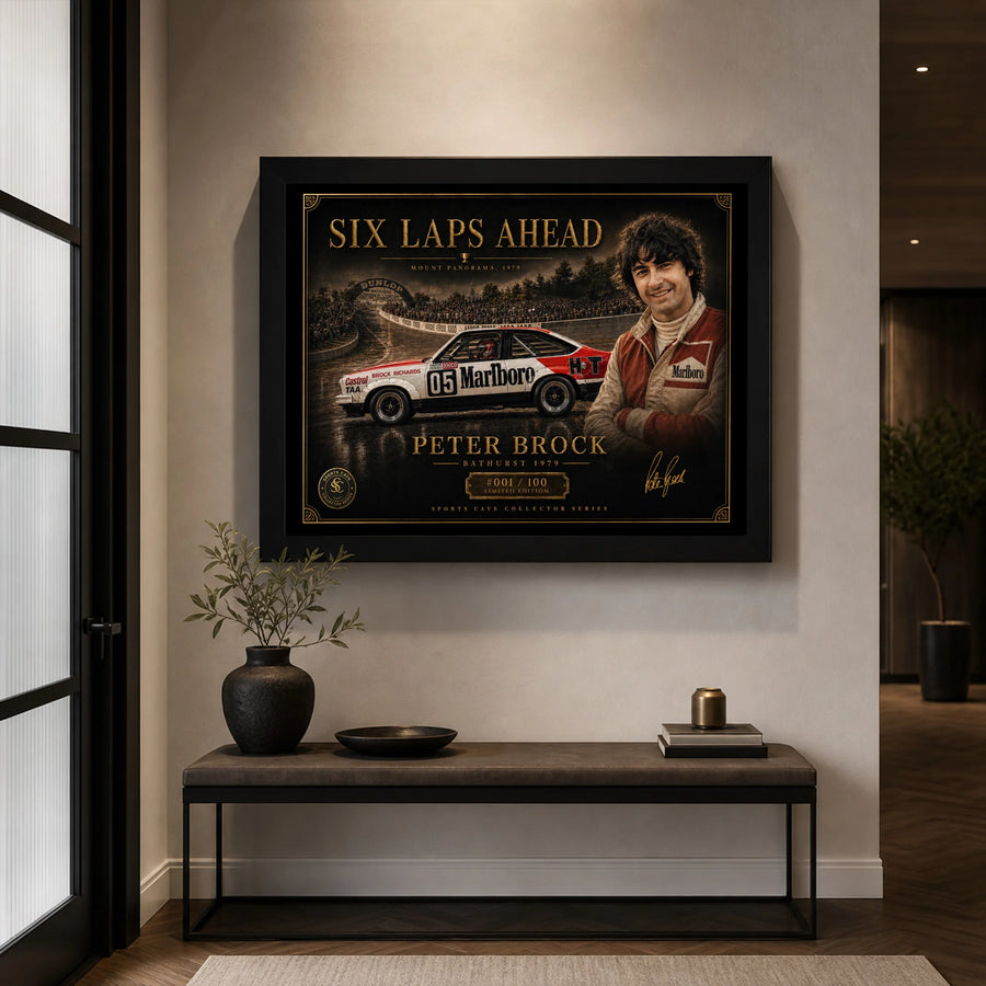 Peter Brock limited edition motorsport wall art displayed in a premium living room with black framed sports art.