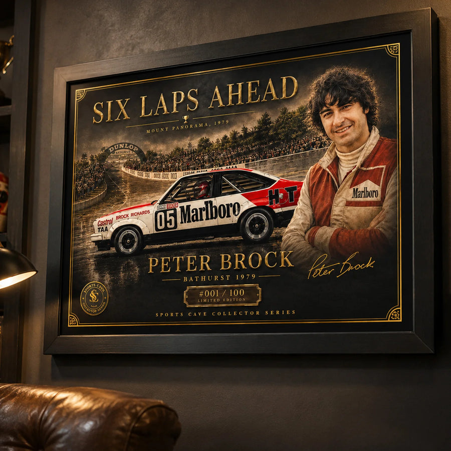 Close-up Peter Brock Bathurst motorsport wall art in a black frame with premium glass and man cave wall décor.