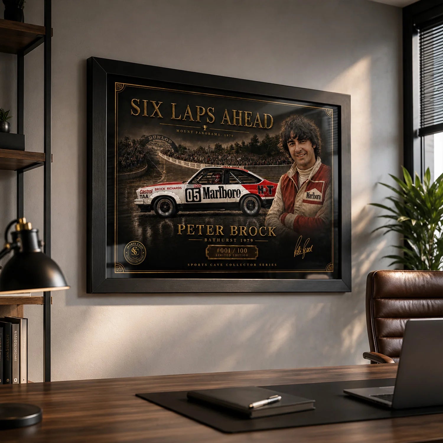 Peter Brock framed sports memorabilia displayed in a premium office with cinematic lighting and black timber frame.