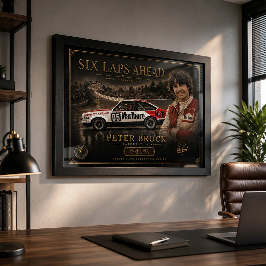 Peter Brock framed sports memorabilia displayed in a premium office with cinematic lighting and black timber frame.