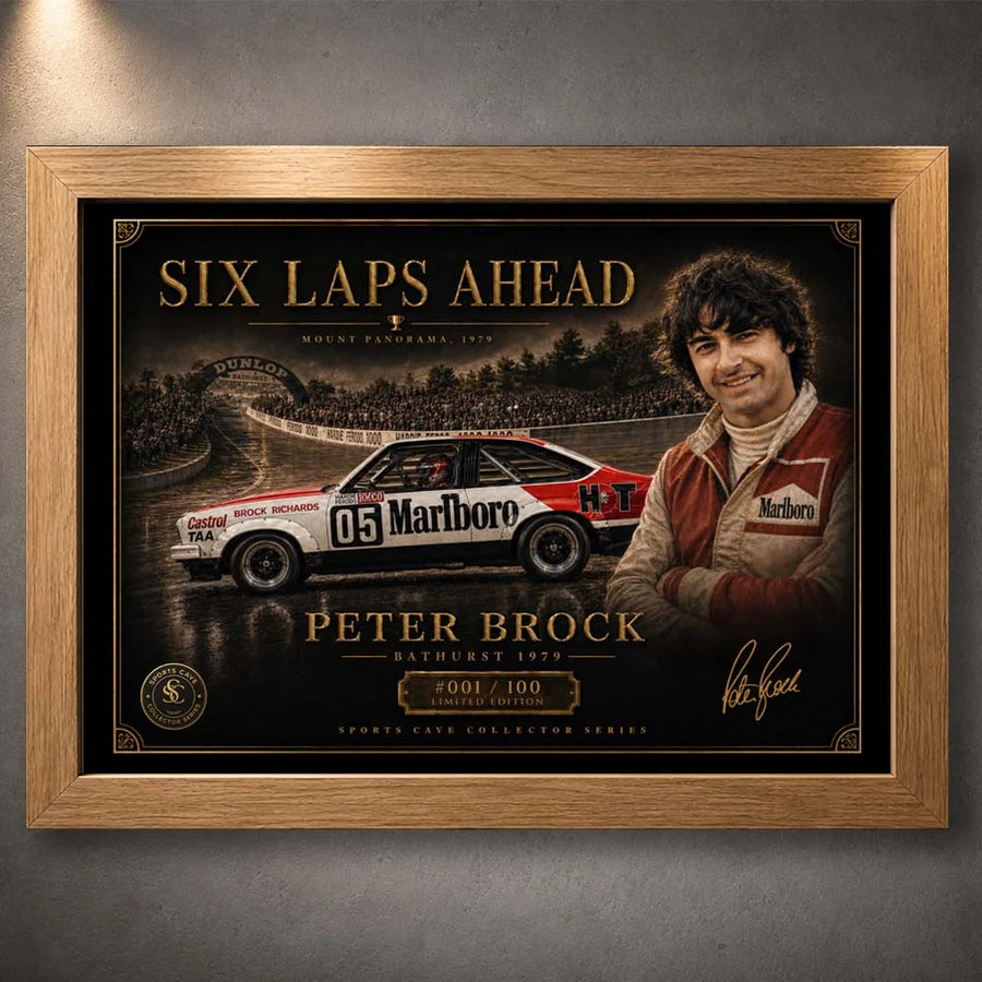 Peter Brock Six Laps Ahead artwork in an oak frame, framed sports art celebrating Bathurst 1979 racing history.