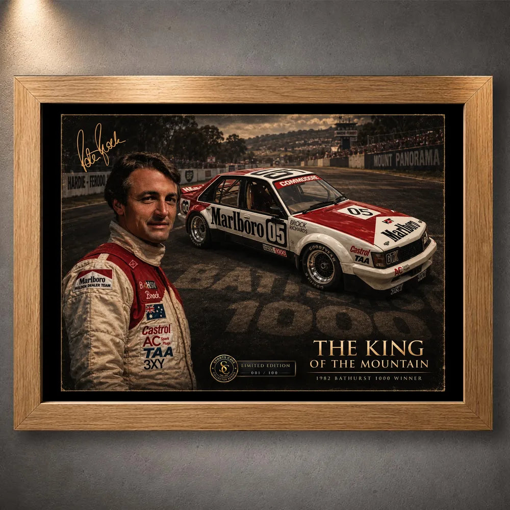 Peter Brock Tribute motorsport wall art in an oak frame, featuring Brock, race car number 05 and Mount Panorama.