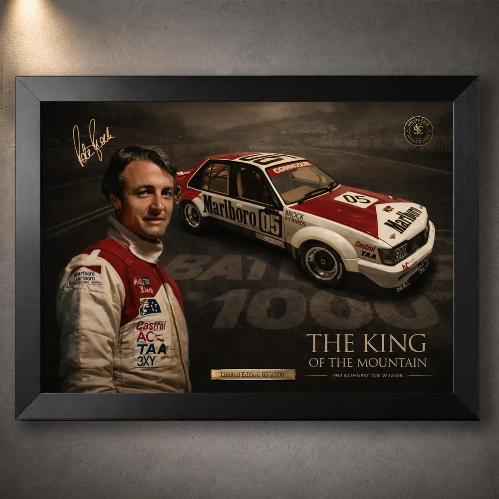 Black framed Peter Brock Tribute wall art celebrating Bathurst legacy for Australian motorsport fans and collectors.