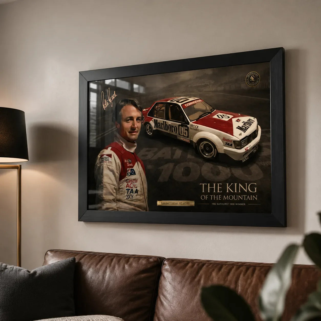 Peter Brock Tribute motorsport wall art displayed above a leather sofa for Australian racing collectors.