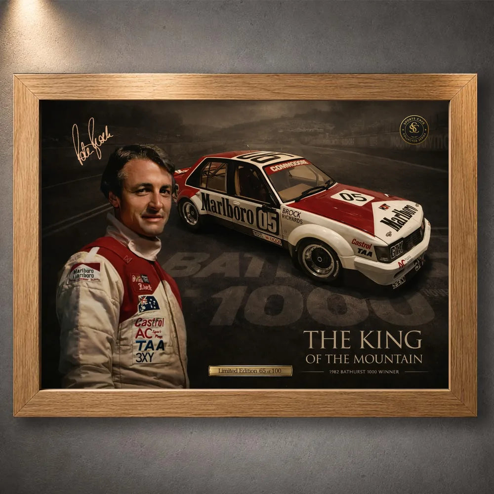 Oak framed Peter Brock Tribute wall art with collector styling for Australian motor racing history.