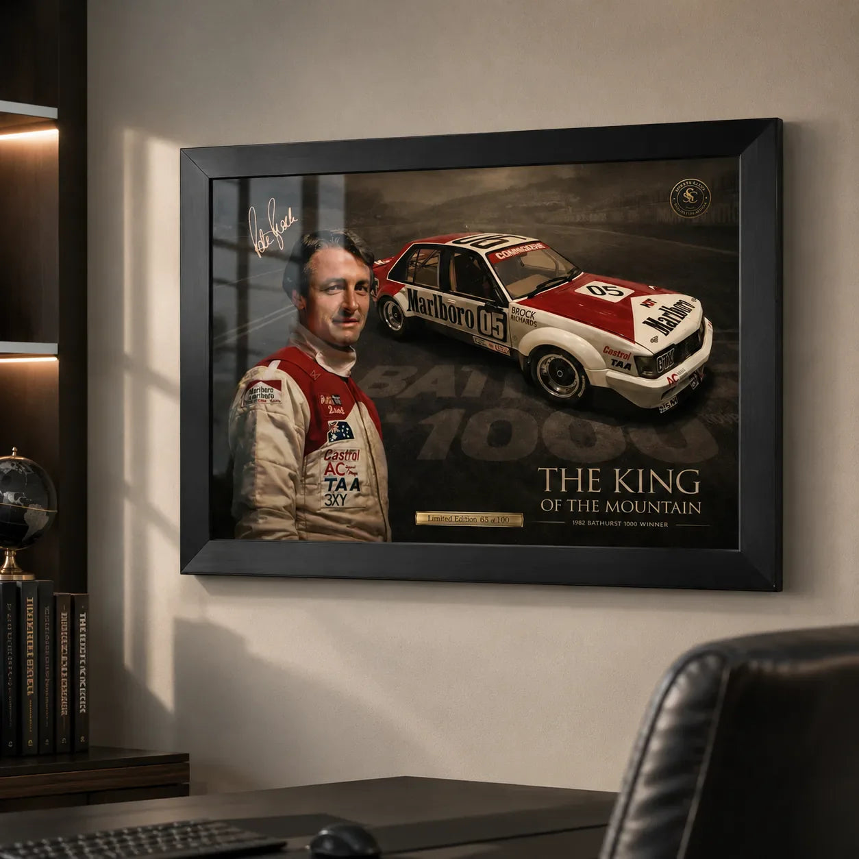Peter Brock Tribute wall art displayed in a premium office setting for Australian motorsport collectors.