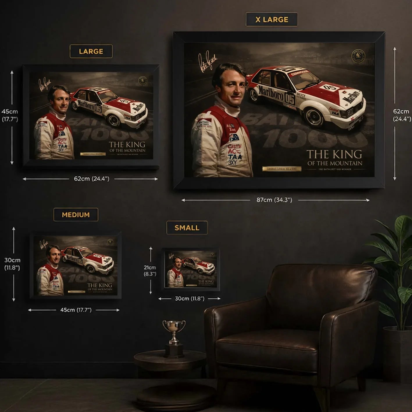 Peter Brock Tribute wall art size guide showing framed options for limited edition motorsport collectors.
