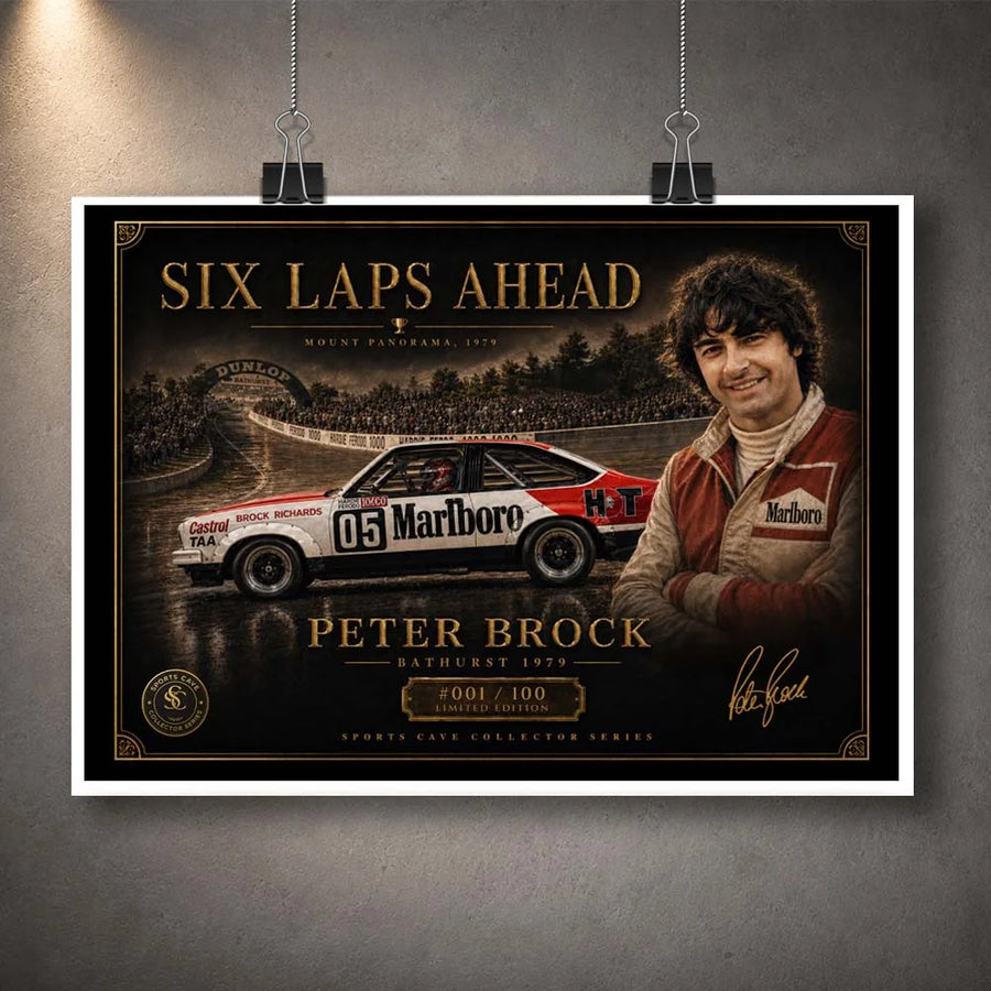 Unframed Peter Brock Six Laps Ahead print, limited edition sports prints inspired by Bathurst 1979 racing glory.
