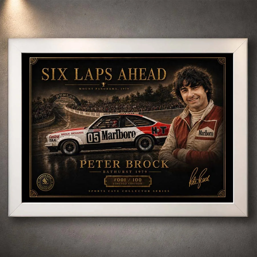 Peter Brock Bathurst 1979 print in a white frame, sports wall art with high-end motorsports collector styling.