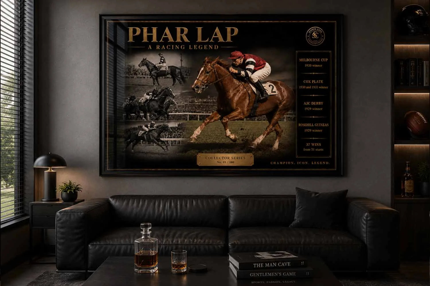 Phar Lap framed sports wall art displayed in a luxury man cave with dark modern interior styling.