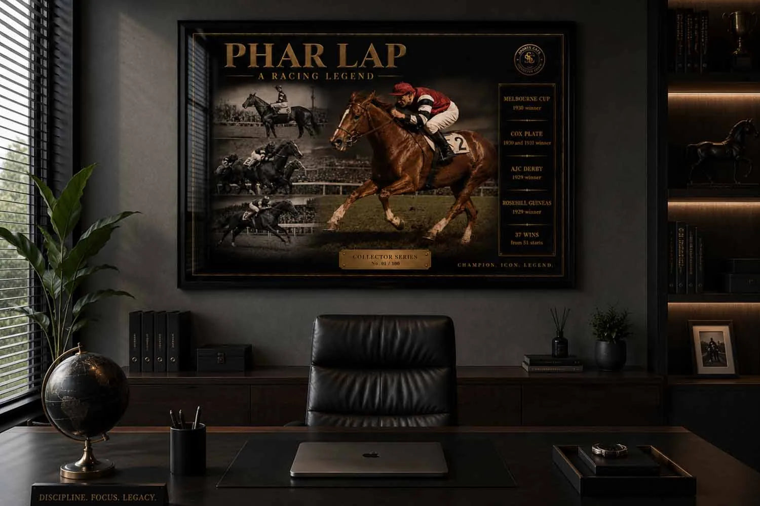 Phar Lap horse racing framed sports memorabilia showcased in a modern executive office setting.
