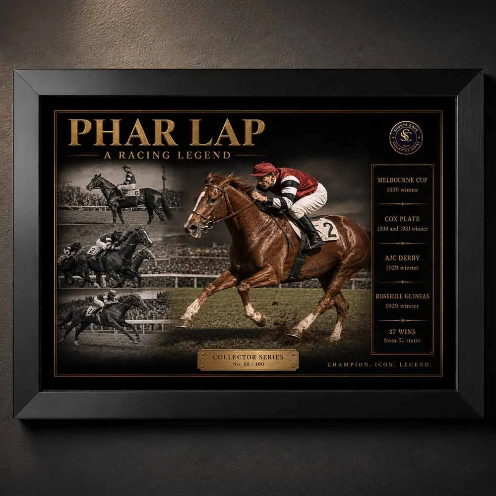 Black framed Phar Lap horse racing sports wall art featuring the legendary champion in premium vintage style.