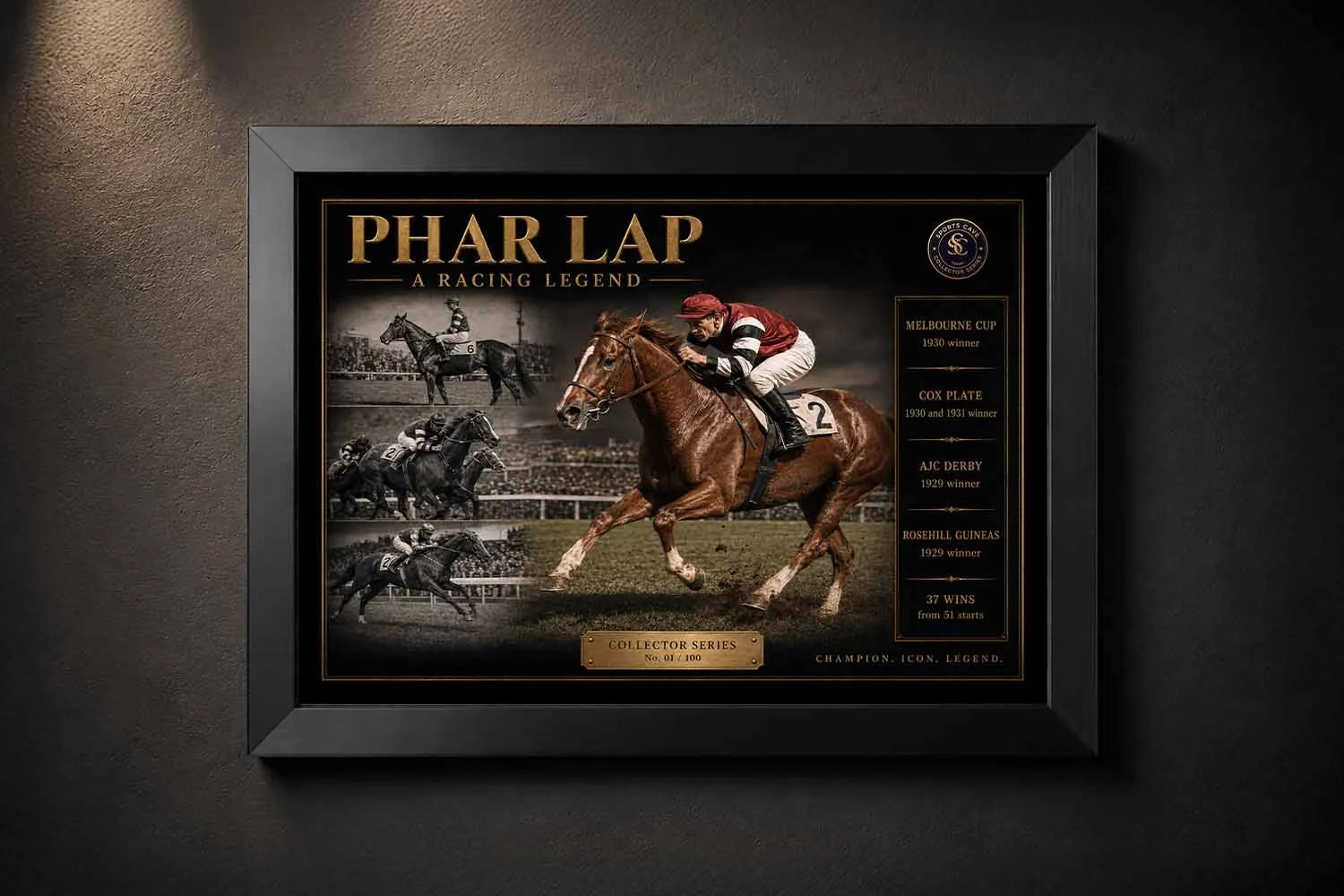 Black framed Phar Lap horse racing sports wall art featuring the legendary champion in premium vintage style.