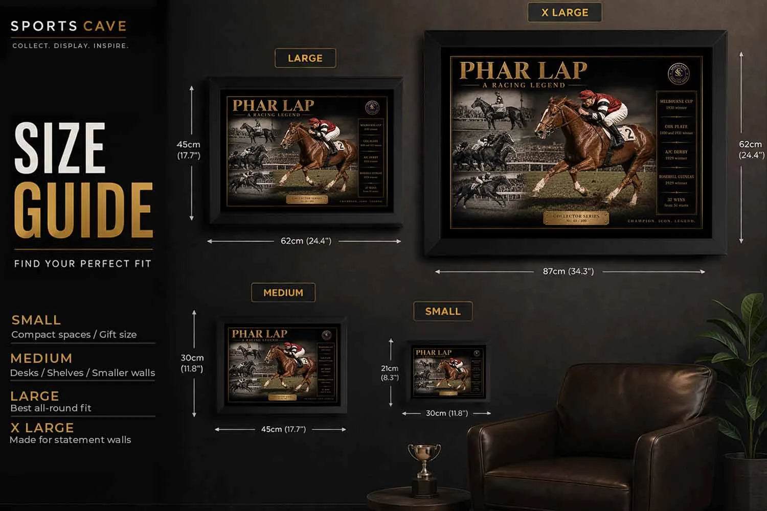 Phar Lap horse racing sports wall art size guide showing small, medium, large and extra large frames.