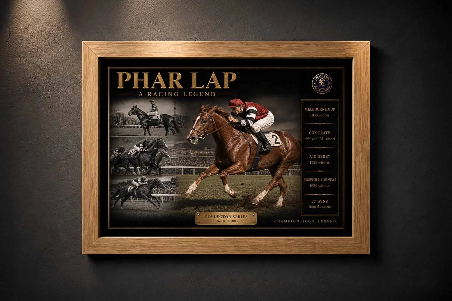 Oak framed Phar Lap racing legend sports art print with vintage horse racing inspired collector design.