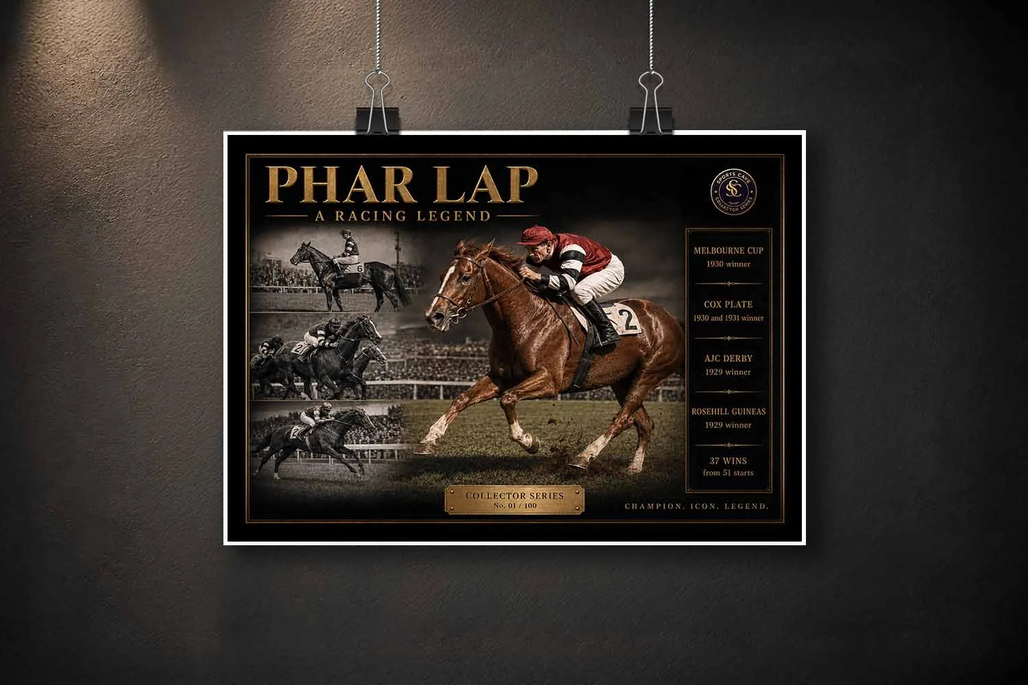 Unframed Phar Lap horse racing wall art print featuring iconic racing moments and collector styling.
