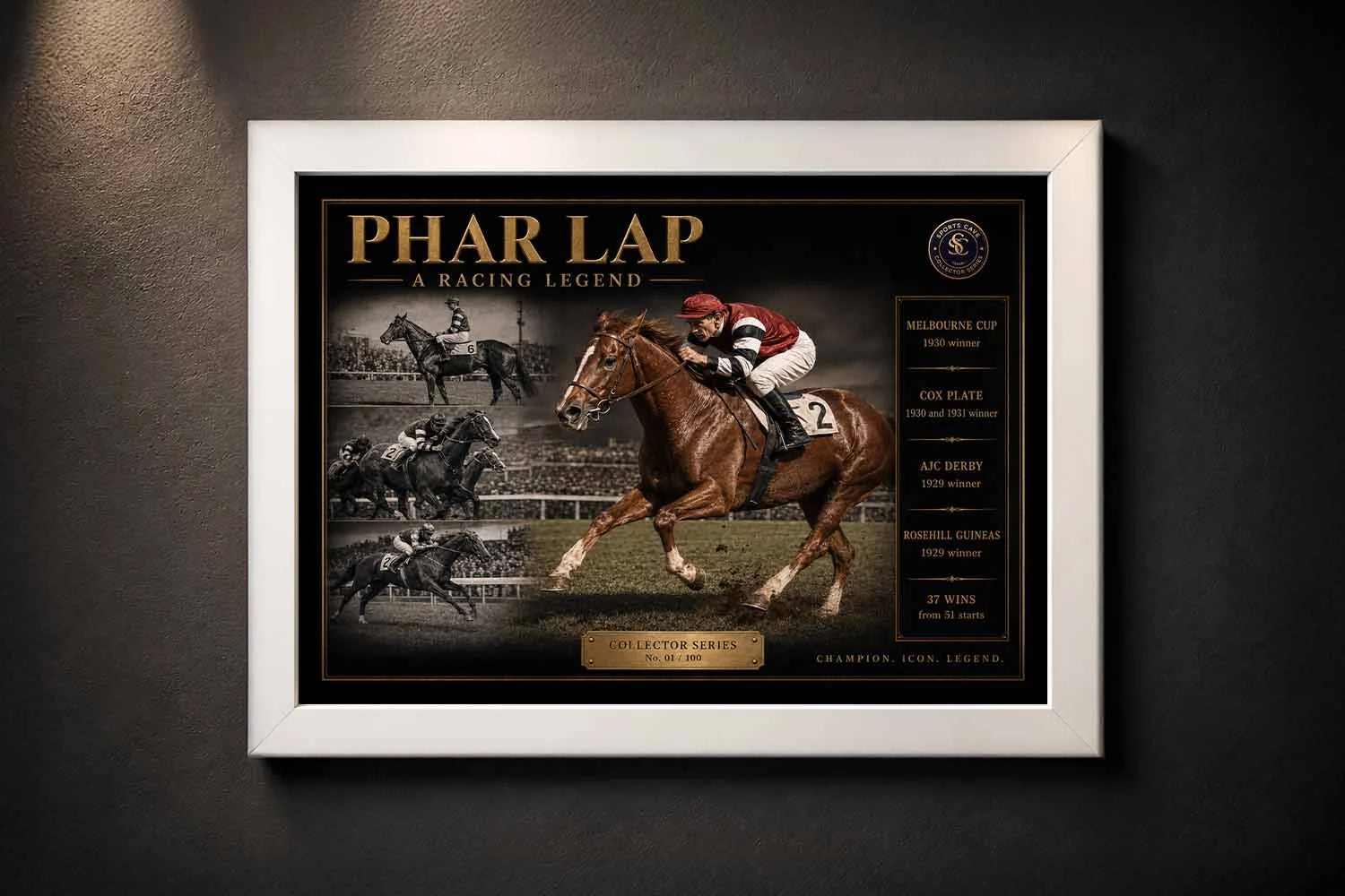 White framed Phar Lap premium sports collectibles artwork with classic horse racing inspired design.