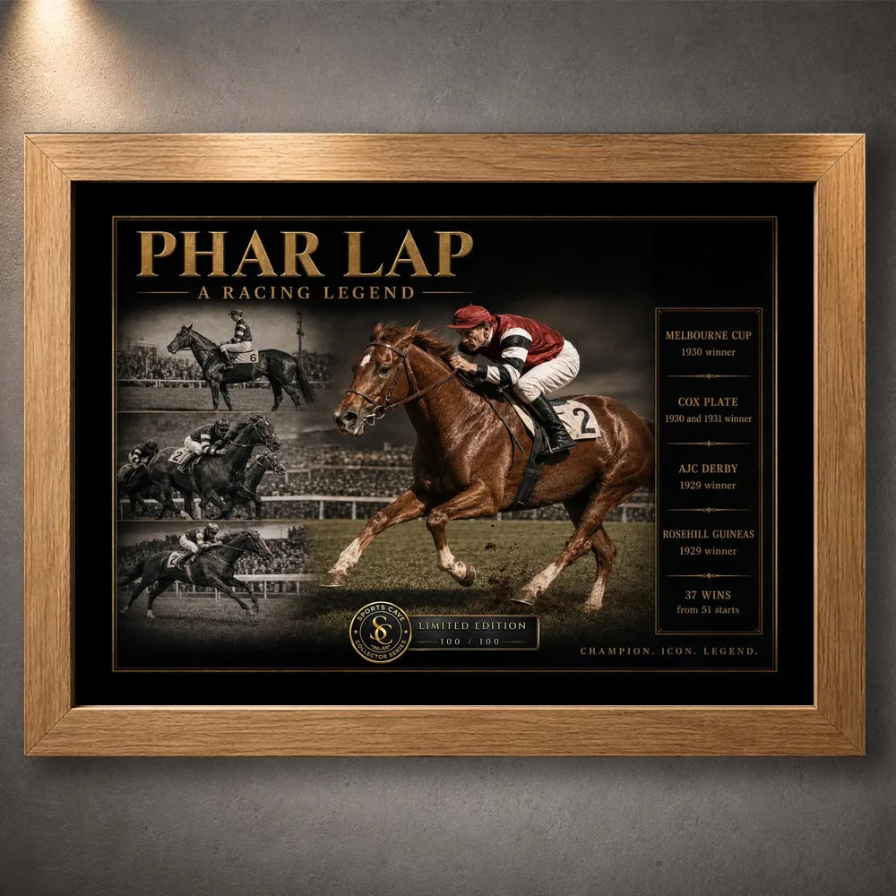 Oak framed Phar Lap horse racing wall art featuring vintage racing imagery with gold collector detailing on a dark background.