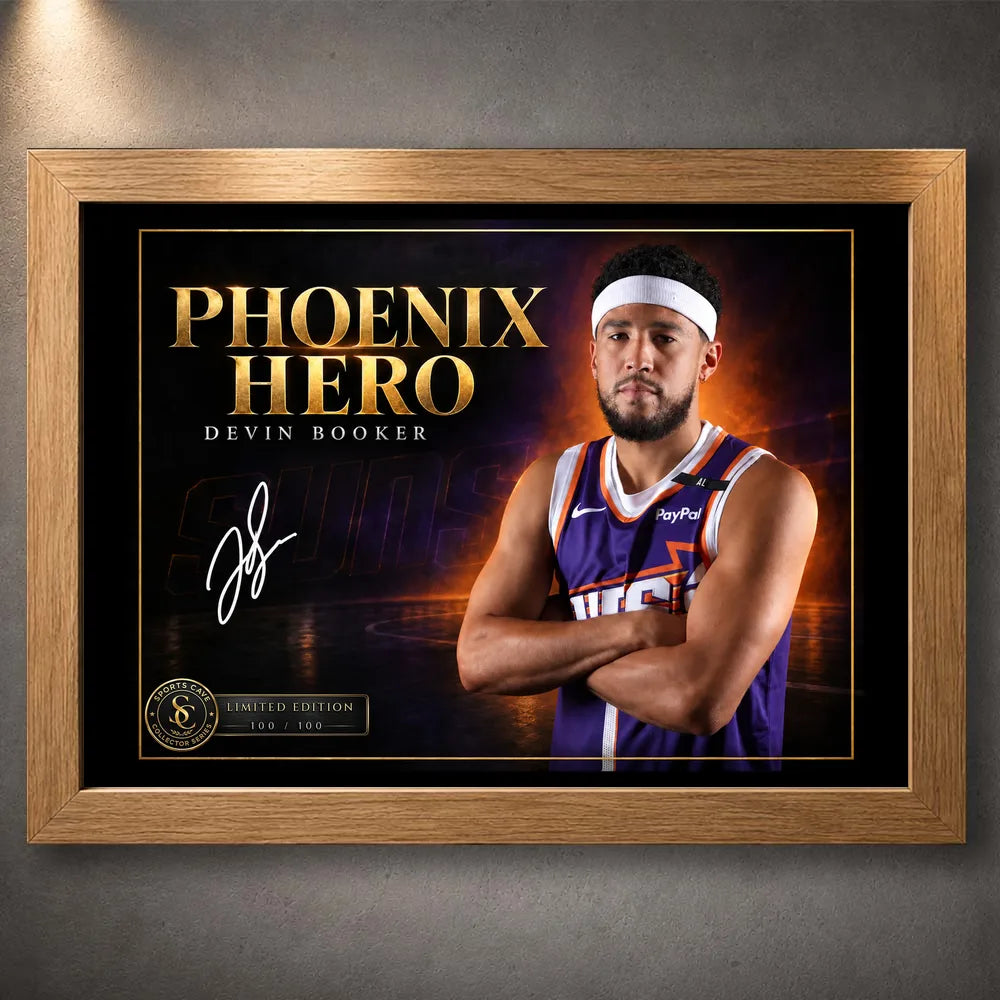 Oak framed Devin Booker Phoenix Hero wall art featuring the basketball design in a warm natural wood frame.
