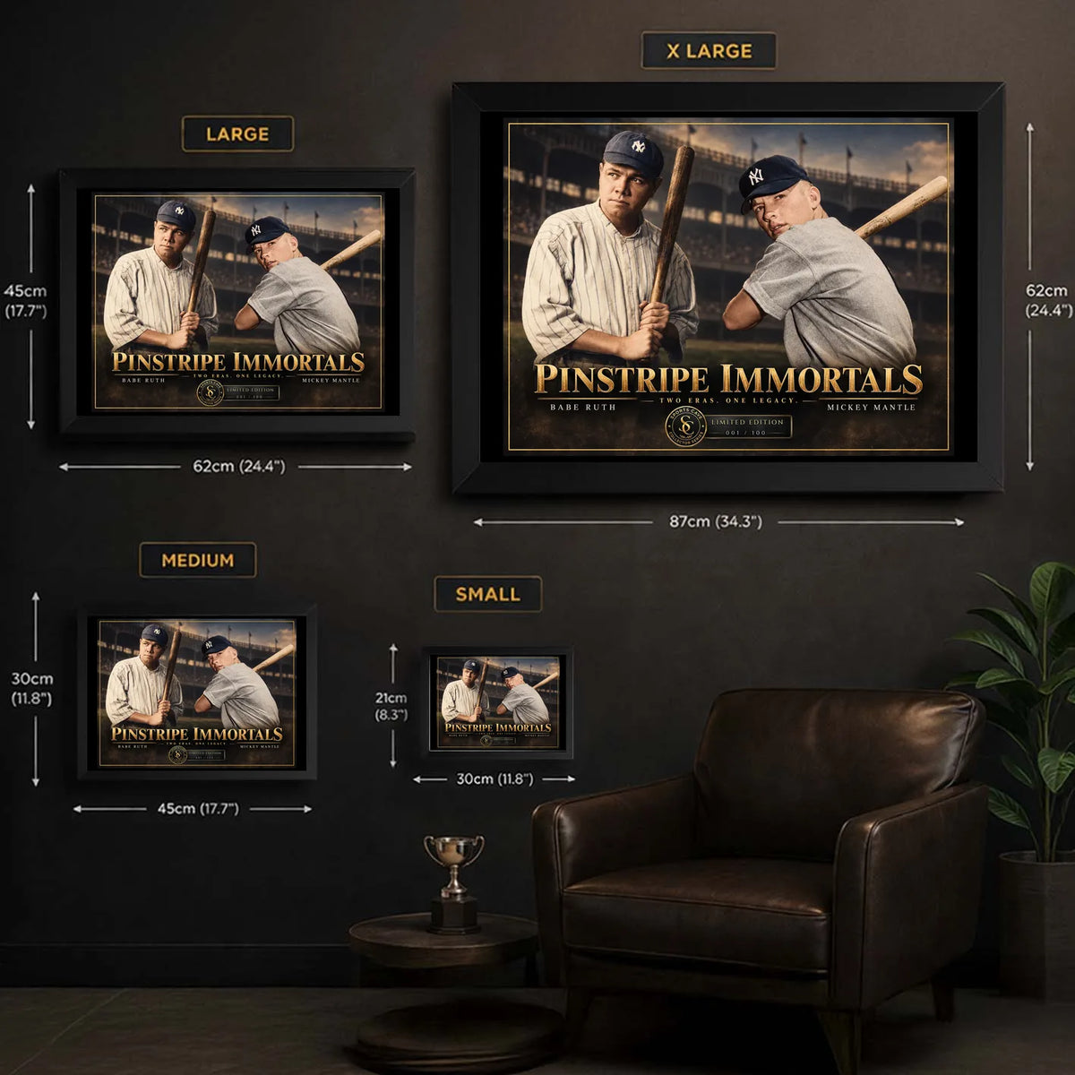 Ruth and Mantle wall art size guide comparing Small, Medium, Large and XL framed formats with centimetre and inch dimensions.