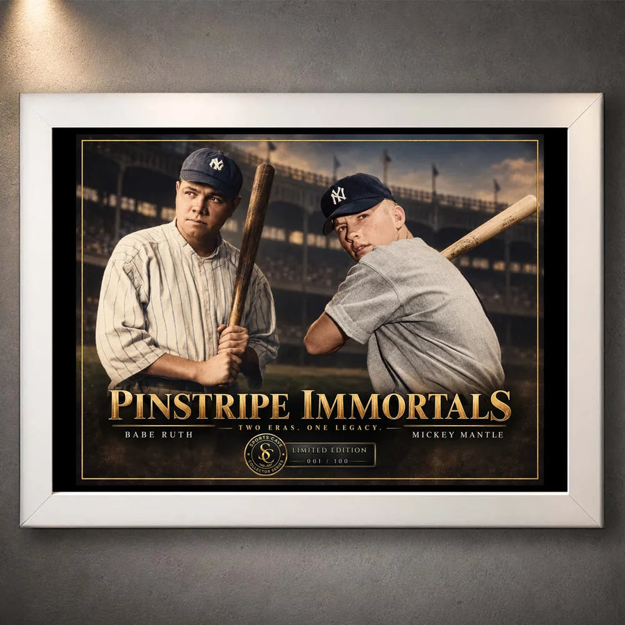 Babe Ruth and Mickey Mantle Pinstripe Immortals baseball wall art shown in a white frame with gold title lettering.