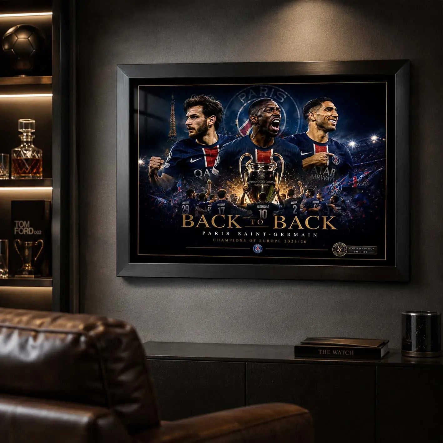 PSG Back To Back wall art in a man cave setting with black frame, blue stadium glow and collector presence.