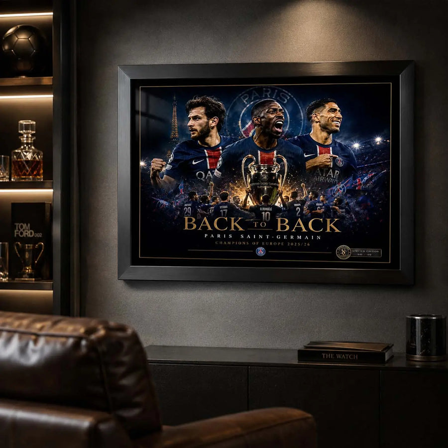 PSG Back To Back wall art in a man cave setting with black frame, blue stadium glow and collector presence.