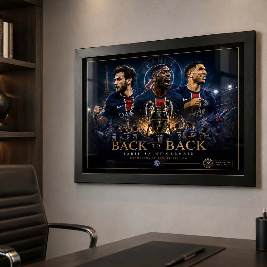 PSG Back To Back wall art shown in a premium office mockup with dark frame and European-night atmosphere.