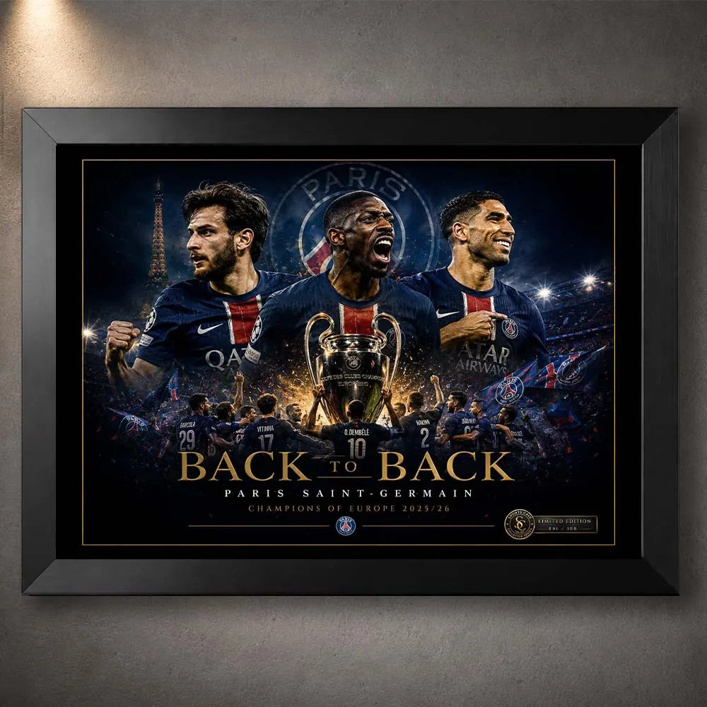 Black framed PSG Back To Back wall art with blue and gold collector styling for Paris Saint-Germain supporters.