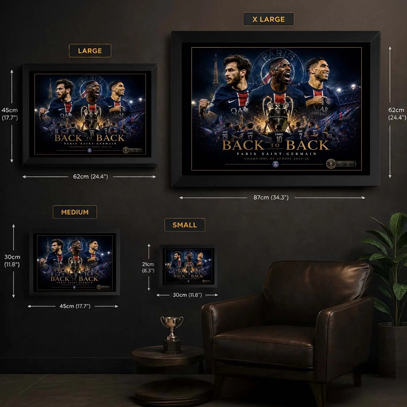 PSG Back To Back framed wall art sizing guide showing all four Sports Cave display sizes for football fans.
