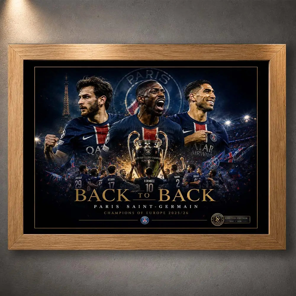 Oak framed PSG Back To Back wall art with warm timber frame and bold blue Paris collector presentation.